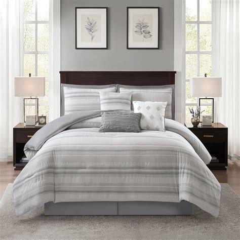 Lanco Grey Jacquard Comforter Set Queen Size 7 Piece Striped Bedding Set All Season Home Decor