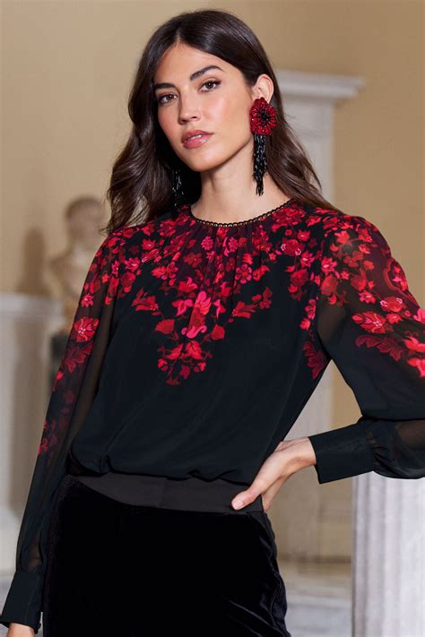 Buy Love And Roses Black And Red Printed Ruched High Neck Long Sleeve