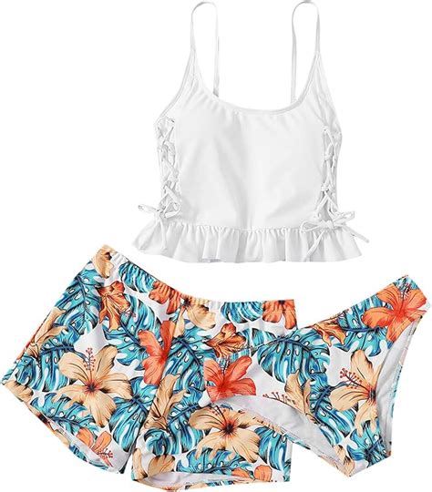 Floerns Women S Piece Bathing Suit Tropical Ruffle Hem Lace Up Bikini Swimsuit Multicoloured L