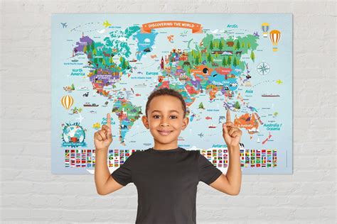 World Map Poster for Kids Large Educational World Map Illustrated Wall ...