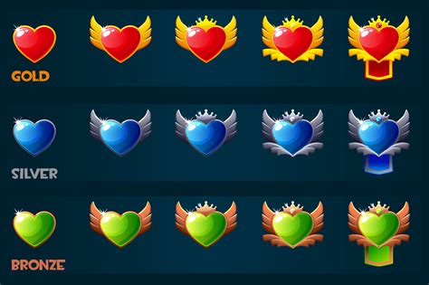 Set Of Game Rank Badges Level Up Icons With Heart Ranking Awards