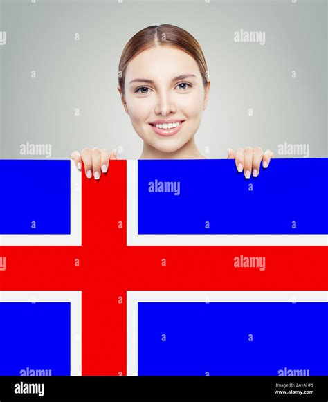 Iceland Concept Happy Woman With The Icelandic Flag Background Travel