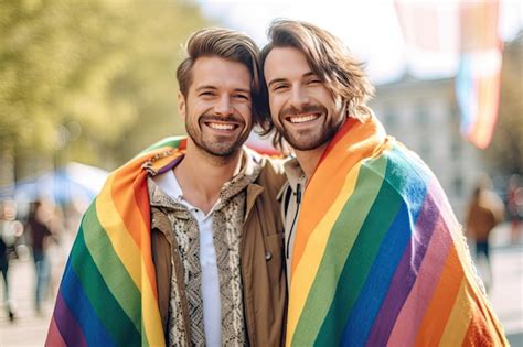 Fotografía de retrato de dos gays felices con banderas lgbt en el desfile gay tecnología