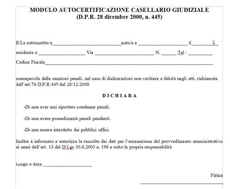 MODELLO AUTOCERTIFICAZIONE CASELLARIO GIUDIZIALE WORD E PDF