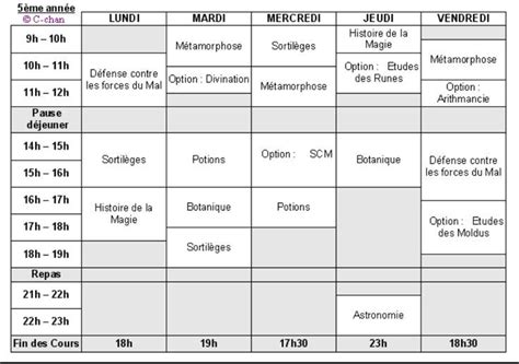 Emplois Du Temps Eme Ann E Poudlard En Emploi Du Temps
