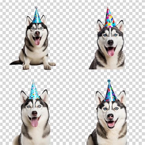 Feliz Husky Con Sombrero De Cumpleaños Png Conjunto Aislado En Fondo