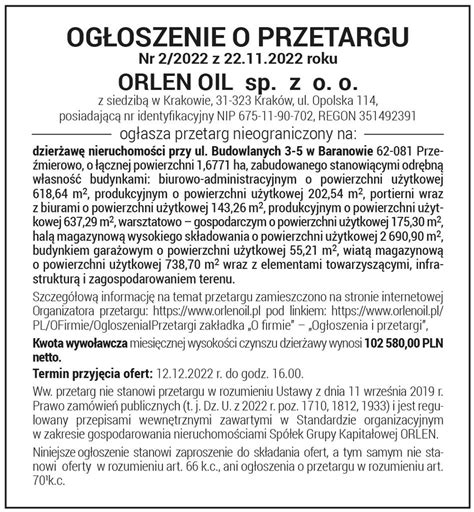 Orlen Oil z siedzibą w Krakowie ogłasza przetarg nieograniczony