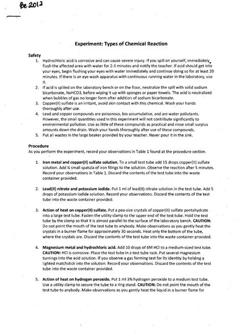 Chemistry 2 experiment 1 - types of chemical reactions