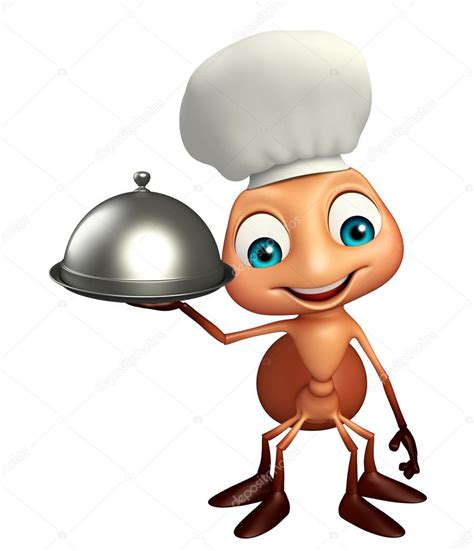 Fun Ant Cartoon Character With Chef Hat And Cloche Stock Illustration