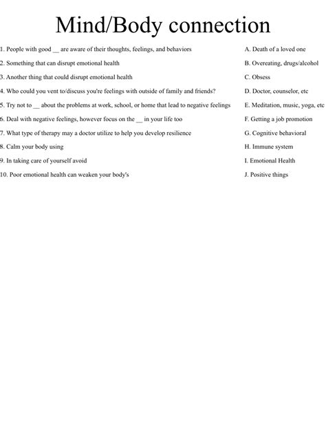 Mind Body Connection Worksheet