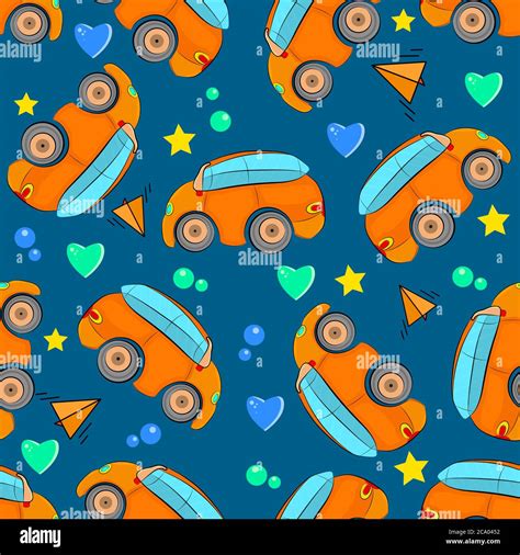 Cartoon Cars Seamless Pattern On Blue Background Baby Pattern Fashion