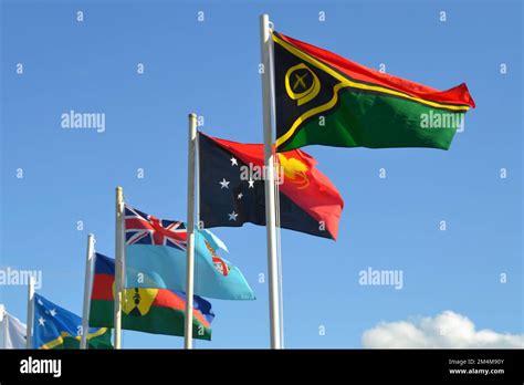 Flags Of Polynesia And Melanesia Countries Flying Together Include The