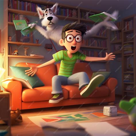 Premium Photo | Cartoon boy jumping on a couch with a dog in the