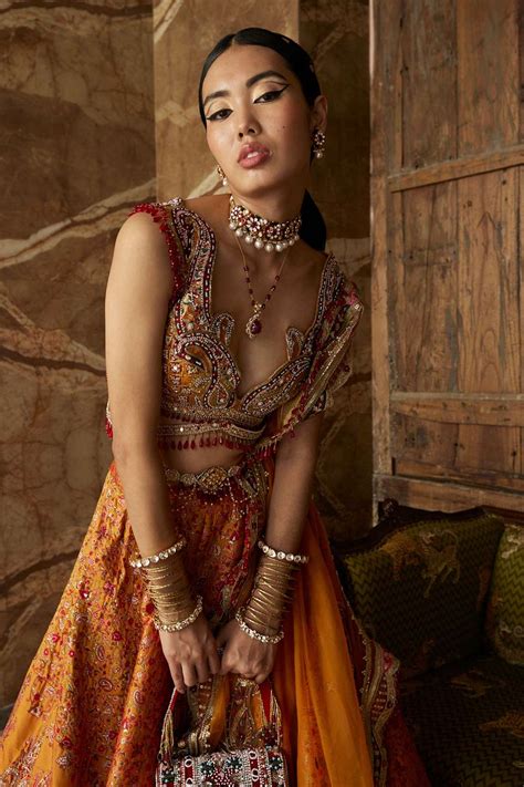 Buy Aditi Gupta Yellow Jamawar Katan Silk Floral Motifs Layered Lehenga