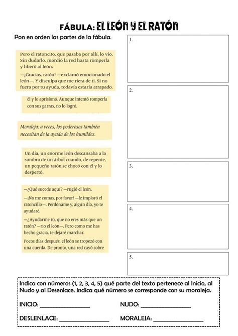 Partes de la fábula interactive worksheet Actividades de comprensión