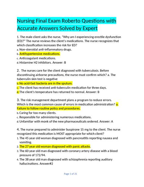 Nursing Final Exam Roberto Questions With Accurate Answers Solved By