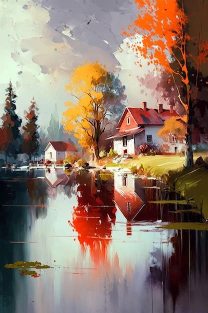 Premium AI Image | A painting of a house by the lake