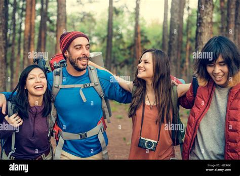 Friends Explore Nature Outdoors Concept Stock Photo Alamy