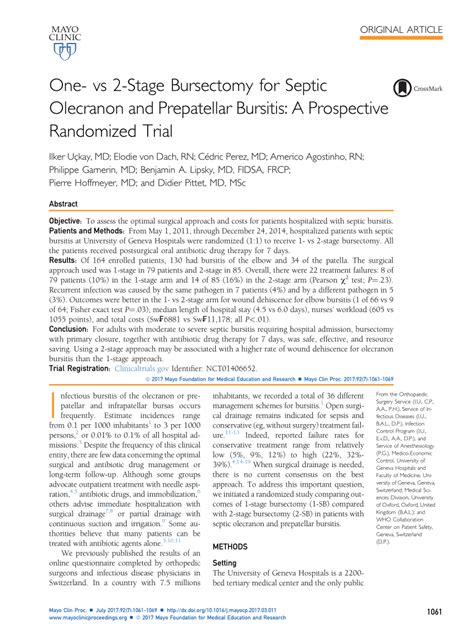 PDF One Vs 2 Stage Bursectomy For Septic Olecranon And Prepatellar