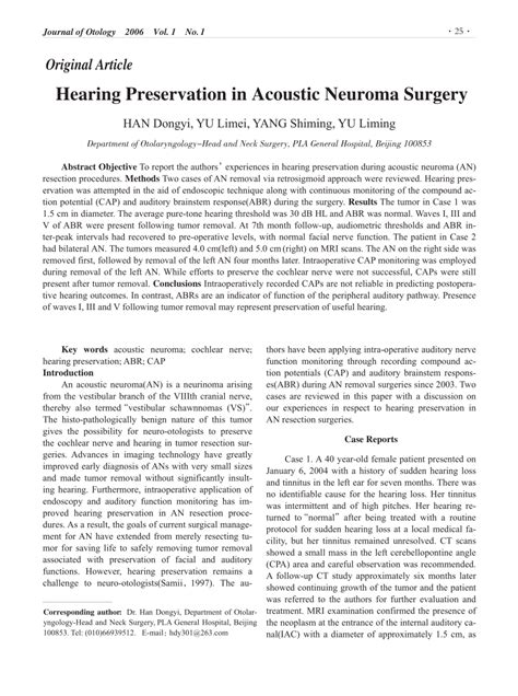 Pdf Hearing Preservation In Acoustic Neuroma Surgery