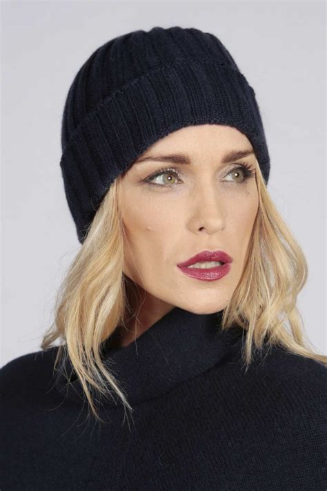 Navy Blue Pure Cashmere Wide Ribbed Fisherman Beanie Hat Italy In