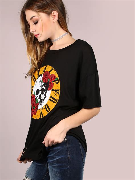 T Shirt Oversize Motifs Avec Pause Noir Shein