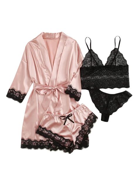 Wdirara Women Silk Satin Pajamas Set Pcs Lingerie Floral Lace Cami Sleepwear With Robe Pink L
