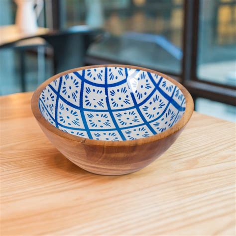 Round Printed Wooden Salad Bowl With Enamel Natural For Event Size