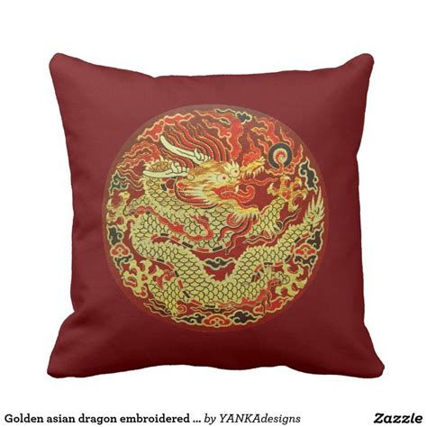 Golden Asian Dragon Embroidered On Dark Red Throw Pillow Zazzle