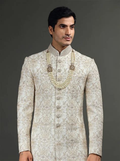 White Georgette Groom Wear Sherwani G Msh