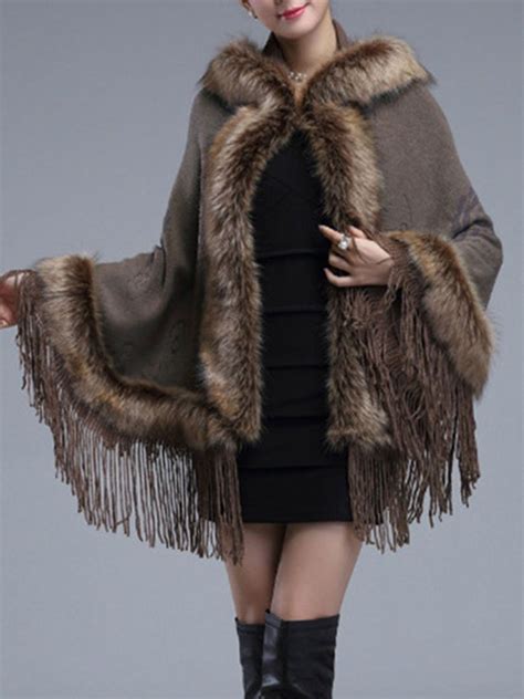 Hooded Fringe Faux Fur Trim Cape Sleeve Coat In 2021 Faux Fur Trim Coat Fur Trimmed Cape Fur