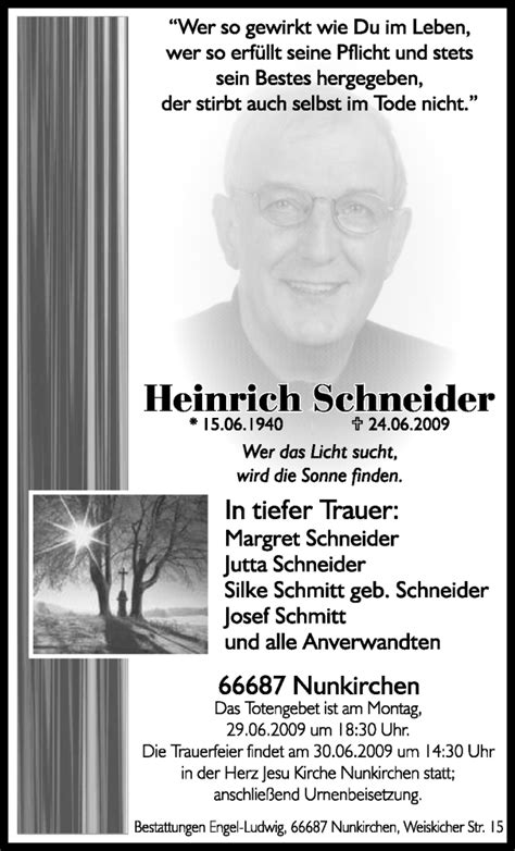 Traueranzeigen Von Heinrich Schneider Saarbruecker Zeitung Trauer De