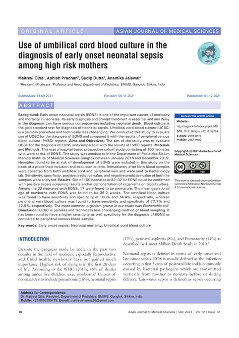 Pdf Use Of Umbilical Cord Blood Culture In The Diagnosis Of Early