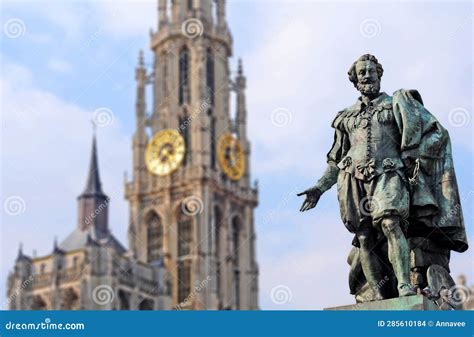 Statue Of Rubens With Cathedral In The Back Antwerp Stock Photo