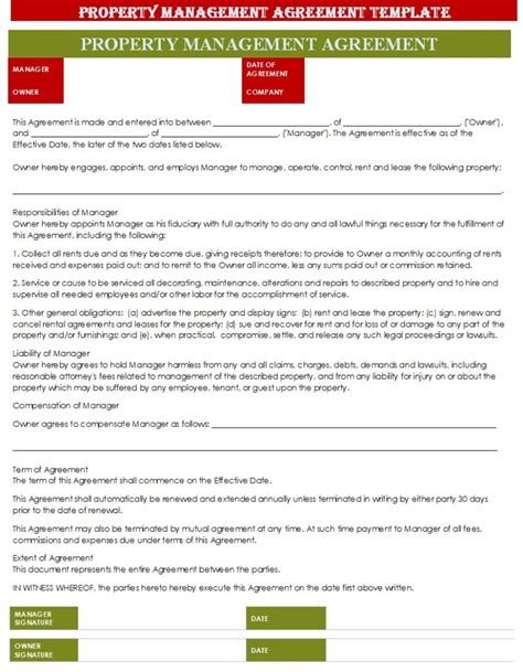 Real Estate Management Agreement Templates Excel Word Template