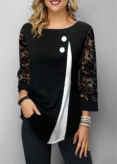 Asymmetric Hem Lace Panel Button Detail Blouse Trendy Tops For Women