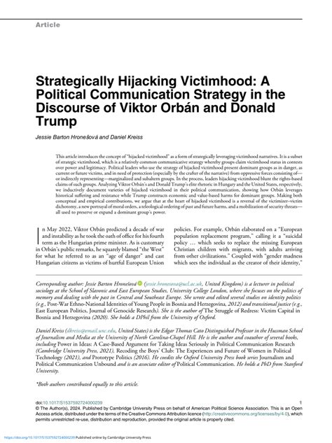 Pdf Strategically Hijacking Victimhood A Political Communication