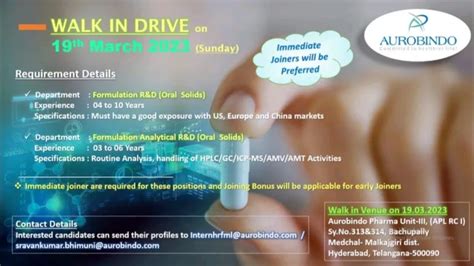 AUROBINDO PHARMA Walk In Drive On 19th Mar 2023 For FR D