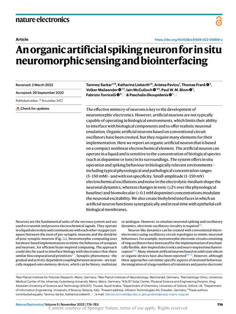 Pdf An Organic Artificial Spiking Neuron For In Situ Neuromorphic