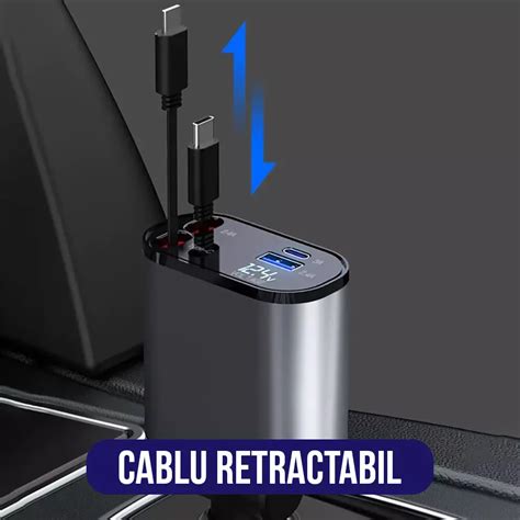 Incarcator Auto Cu Cablu Retractabil Usb C Lightning