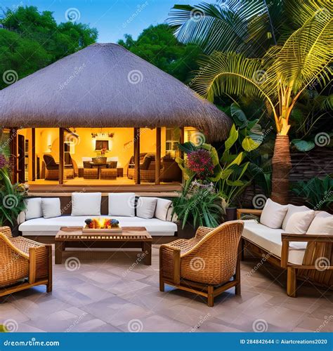 Tropical Paradise: a Tropical-themed Patio with a Thatched Roof, Rattan ...