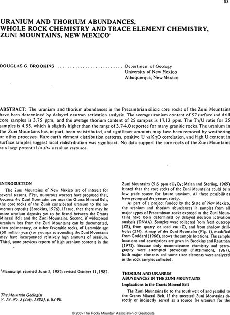 AAPG Datapages Archives URANIUM AND THORIUM ABUNDANCES WHOLE ROCK