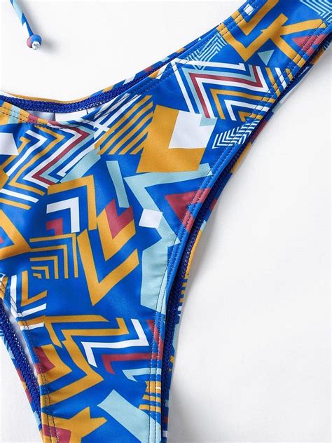 Emmiol Free Shipping Geometric Print Drawstring Bikini Swimsuit