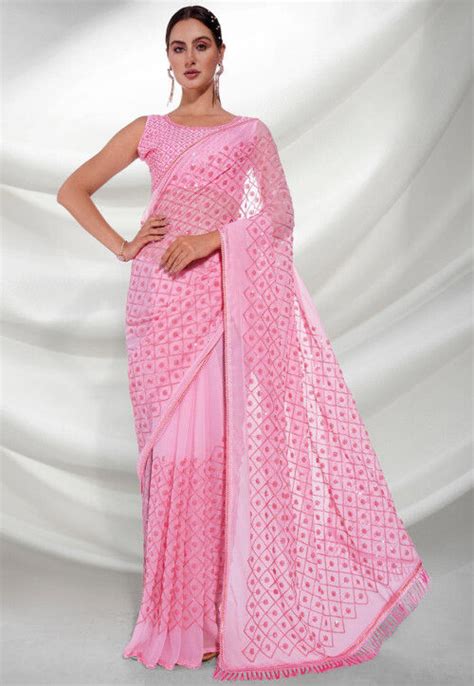 Buy Sequinned Georgette Saree In Pink Online SPF8180 Utsav Fashion