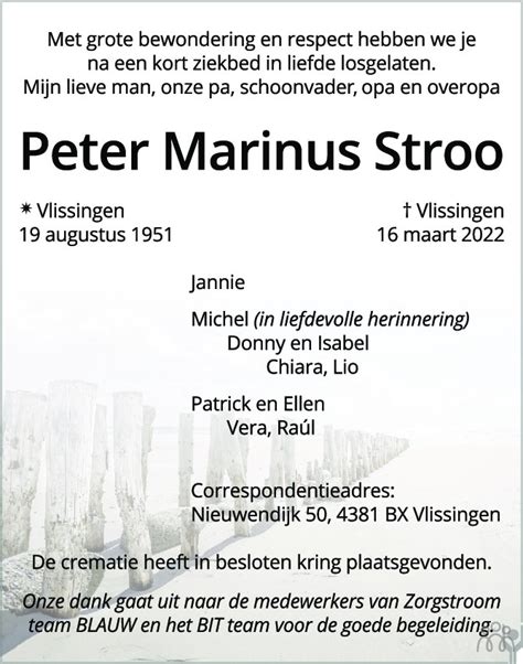 Peter Marinus Stroo 16 03 2022 Overlijdensbericht En Condoleances