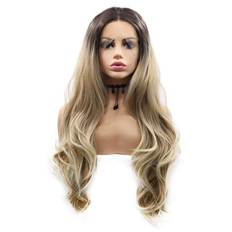 Ombre Blonde Dark Roots Wave Synthetic Lace Front Wigs Gianna