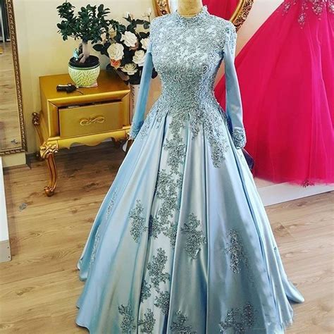 Ice Blue Long Sleeve Prom Dresses High Neck Lace Applique A Line Satin