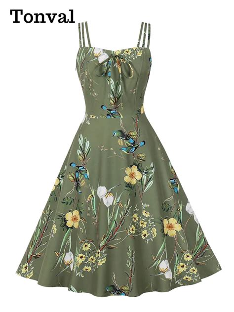 Tonval Vintage Floral Dress Spaghetti Strap Bow Front Summer Clothes For Women Holiday Beach