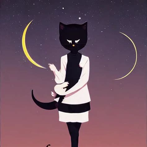 Black Cat Crescent Moon Night Time Ilya Kuvshinov Stable Diffusion