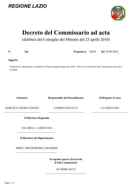 Decreto Del Commissario Ad Acta Regione Lazio